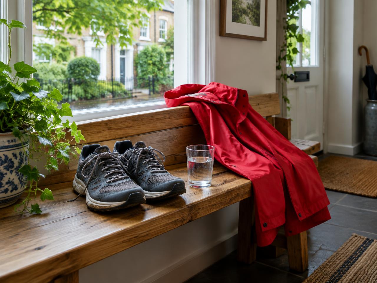Walking shoes, a red jacket and water prepared for an everyday walk
