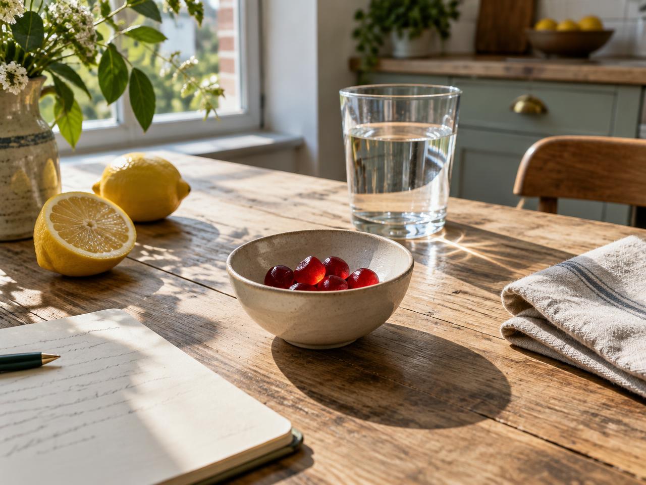 Red gummies in a small bowl beside water and lemon on a kitchen table